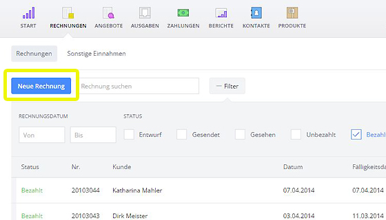 Neue Rechnung schreiben im Online Rechnungsprogramm Debitoor