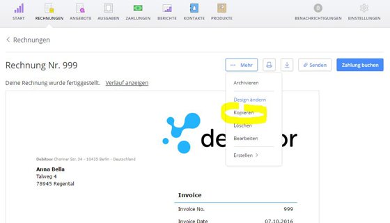 Screenshot Rechnung kopieren im Rechnungsprogramm Debitoor