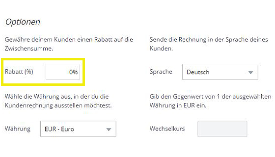 Rabatt gewähren beim Rechnung schreiben auf der Rechnungsvorlage