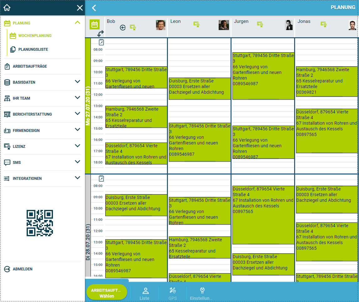 Screenshot eines Wochenplans mit verschiedenen Arbeitsaufträgen in Simple-Simon