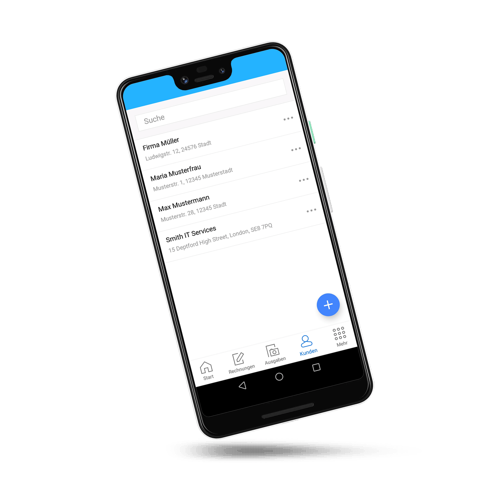 Die Kundenliste in der Debitoor App auf einem Android Smartphone