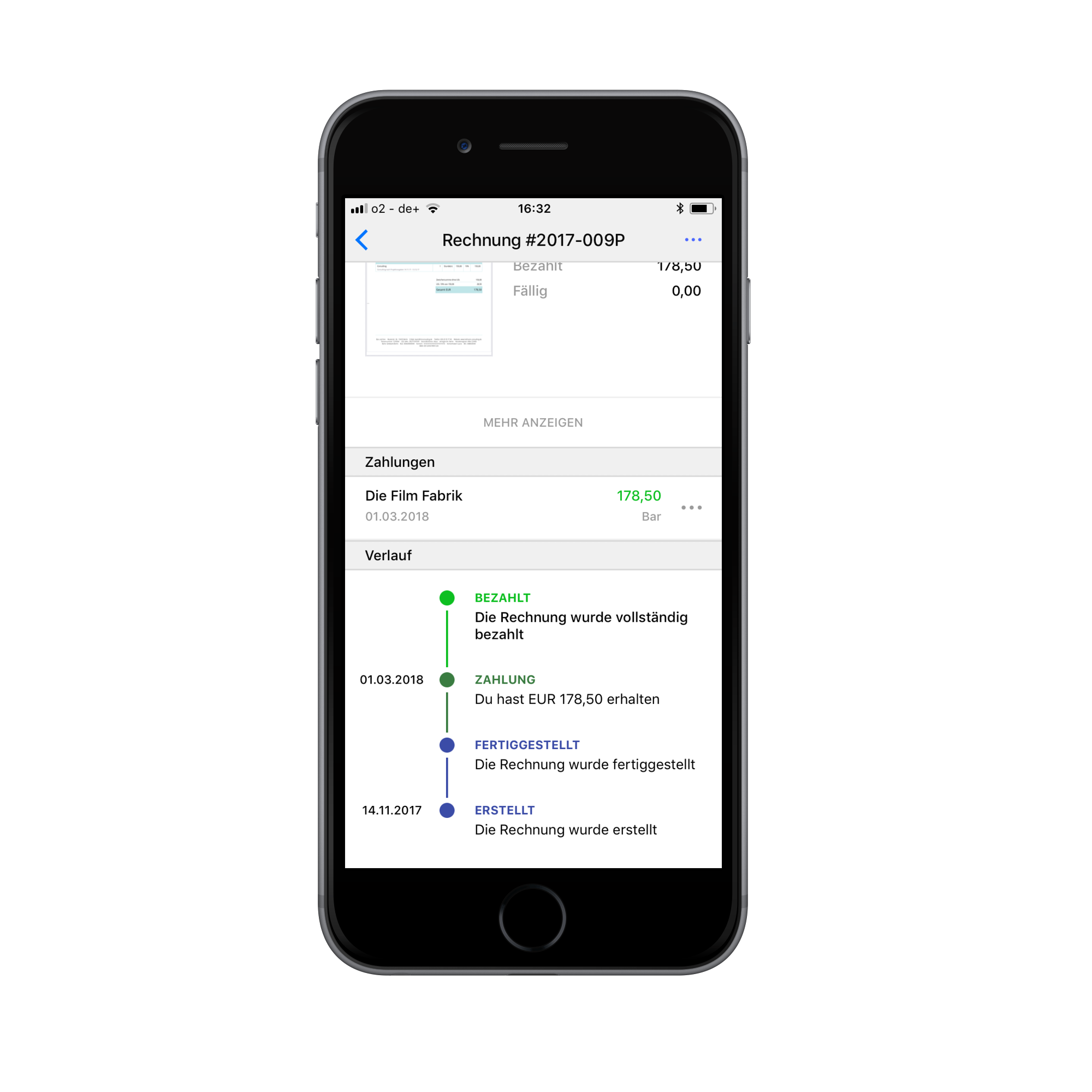 Status der Rechnung in der Debitoor Rechnungsprogramm iOS App